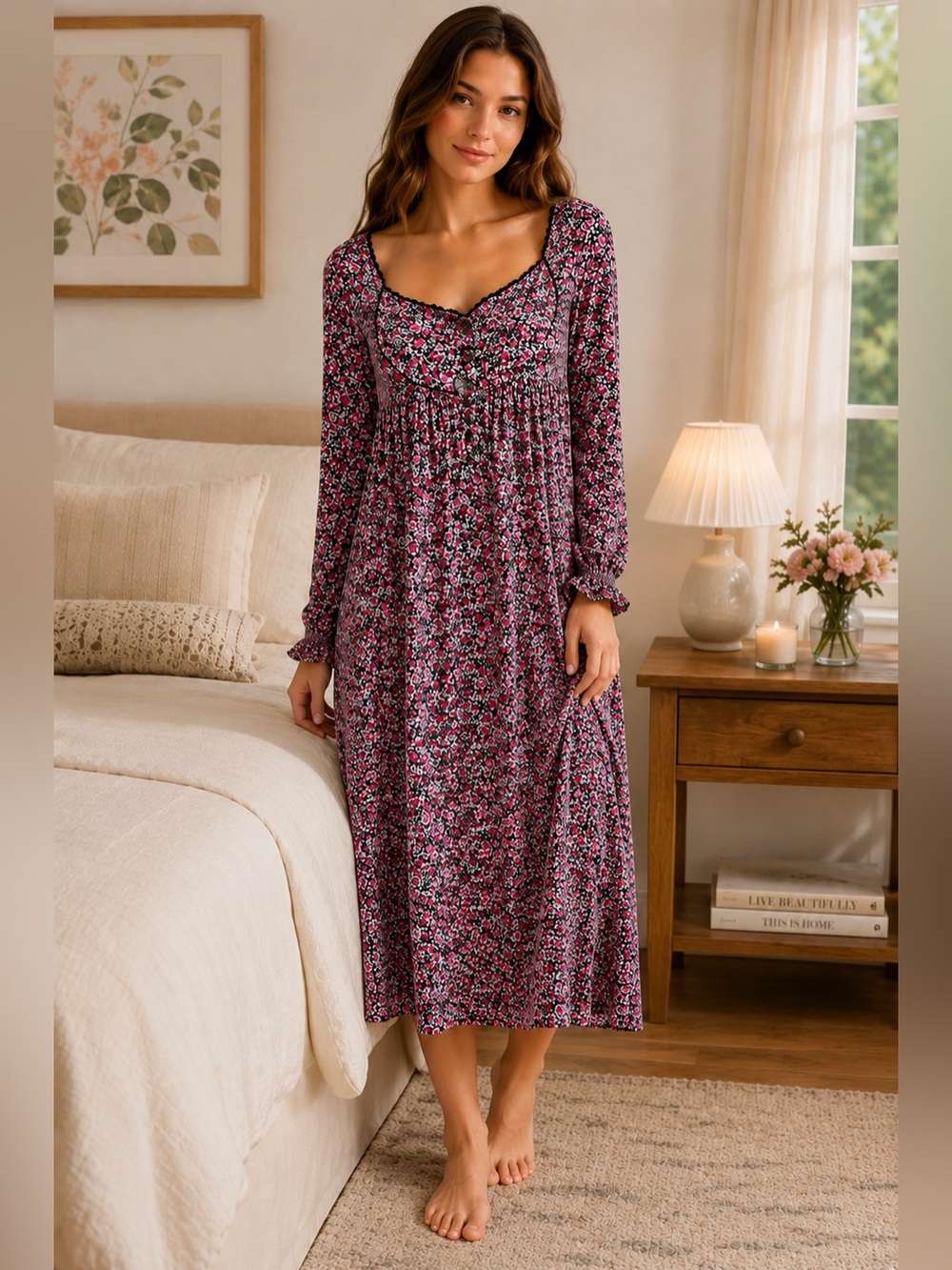 Eileen‎ West Floral Modal Blend Long Sleeve Waltz Nightgown Pink Black Lace Trim